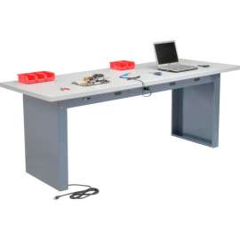 Global Industrial Panel Leg Workbench w/ Laminate Square Edge & Power Apron, 96"W x 36"D, Gray