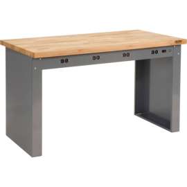 Global Industrial Panel Leg Workbench w/ Maple Square Edge & Power Apron, 96"W x 36"D, Gray