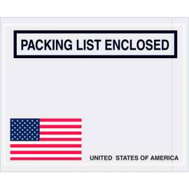 Panel Face Envelopes, USA Flag "Packing List Enclosed" Print, 5-1/2"Lx4-1/2"W, Red/Wht/Blue, 1000/Pk