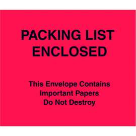 Full Face Envelopes, "Packing List Enclosed" Print, 6"L x 7"W, Red, 1000/Pack