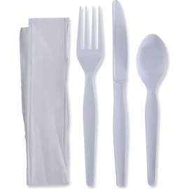Boardwalk Four-Piece Cutlery Kit, Fork/Knife/Napkin/Teaspoon, Heavyweight, White, 250/case