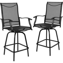 Flash Furniture Patio Bar Height Stools, All-Weather Textilene Sling Fabric Seat & Back, Black, 2/PK