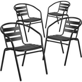 Flash Furniture Black Metal Restaurant Stack Chair with Aluminum Slats, Pack of 4