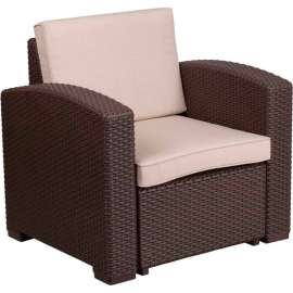 Flash Furniture All Weather Faux Rattan Chair, Chocolate Brown w/ Beige Cushions