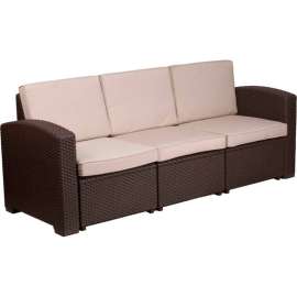 Flash Furniture All-Weather Faux Rattan Sofa - Chocolate Brown with Beige Cushions