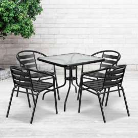 Flash Furniture Square Glass Outdoor Dining Table Set w/ 4 Aluminium Slat Chairs, Black