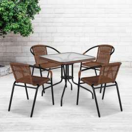 Flash Furniture Square Glass Outdoor Dining Table Set w/ 4 Rattan Stack Chairs, Dark Brown