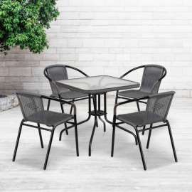 Flash Furniture Square Glass Outdoor Dining Table Set w/ 4 Rattan Stack Chairs, Gray