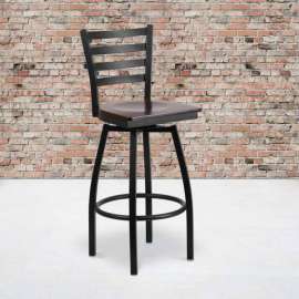 Flash Furniture Black Ladder Back Swivel Metal Barstool - Walnut Wood Seat - HERCULES Series