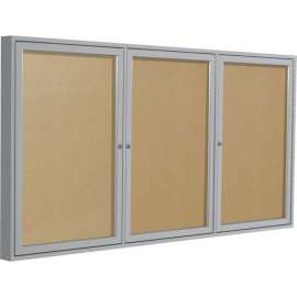 Ghent Enclosed Bulletin Board, Outdoor, 3 Door, 72"W x 36"H, Caramel Vinyl/Silver Frame