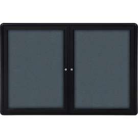 Ghent Ovation Enclosed Bulletin Board, 2 Door, 60"W x 36"H, Gray Fabric/Black Frame