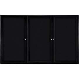 Ghent Ovation Enclosed Bulletin Board, 3 Door, 72"W x 48"H, Black Fabric/Black Frame