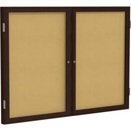 Ghent Enclosed Bulletin Board, 2 Door, 60"W x 36"H, Natural Cork/Walnut Frame