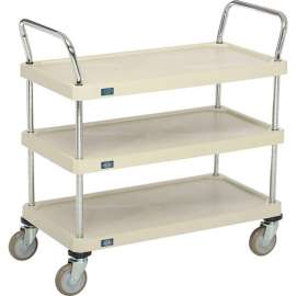 Nexel Plastic Utility Cart w/3 Shelves & Poly Casters, 900 lb. Cap, 36"L x 18"W x 39"H, Tan