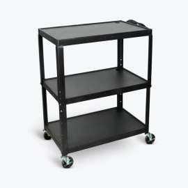 Luxor Extra-Large Adj-Height Steel AV Cart, 3 Shelves, Black, Electric, 32"W x 20"D x 24" to 42"H