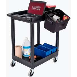 Luxor Plastic Utility Tub Cart, Two Shelves w/ Outrigging Utility Cart Bins, 24" x 18", Black