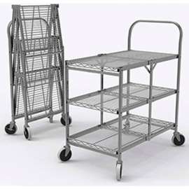 Luxor Collapsible Wire Cart w/3 Shelves, 200 lb. Capacity, 33"L x 19"W x 39"H, Silver
