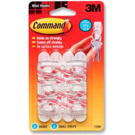 3M Command Hooks, Mini , 1/2lb. Capacity, 6 Hooks/8 Strips