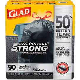 Glad Drawstring Large Trash Bags, 30 Gal, 1.05 mil, 30" x 33", Black, 90/Case