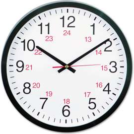 Universal 24-Hour Round Wall Clock, 12.63" Overall Diameter, Black Case, 1 AA