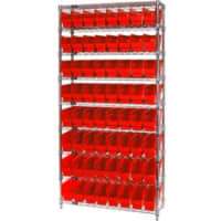 Quantum WR9-201 Chrome Wire Shelving with 64 6"H Plastic Shelf Bins Red, 36x12x74