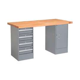 Global Industrial 72 x 30 Pedestal Workbench - 4 Drawers & Cabinet, Maple Square Edge - Gray