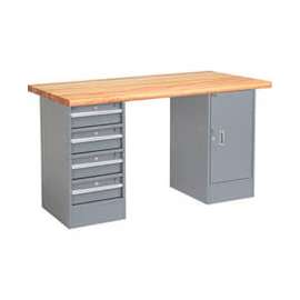 Global Industrial 72 X 30 Pedestal Workbench - 4 Drawers & Cabinet, Maple Safety Edge - Gray