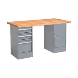 Global Industrial 60 x 30 Pedestal Workbench - 3 Drawers & Cabinet, Maple Square Edge - Gray