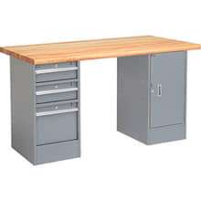 Global Industrial 60 x 30 Pedestal Workbench - 3 Drawers & Cabinet, Maple Safety Edge - Gray