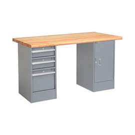 Global Industrial 72 x 30 Pedestal Workbench - 3 Drawers & Cabinet, Maple Safety Edge - Gray