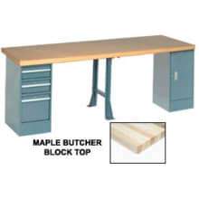 Global Industrial 120"W x 30"D Production Workbench - Maple, Cabinet, 3 Drawer, 1 Leg, Gray