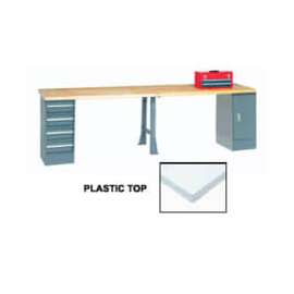 Global Industrial 144x30 Production Workbench Laminate Square Edge, Cabinet, 4 Drawer, 1 Leg