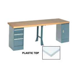 Global Industrial 96x30 Production Workbench Laminate Square Edge, Cabinet, 3 Drawer, 1 Leg