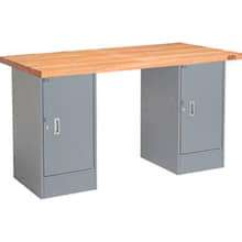 Global Industrial 72 x 24 Pedestal Workbench - Double Cabinet, Maple Block Square Edge - Gray