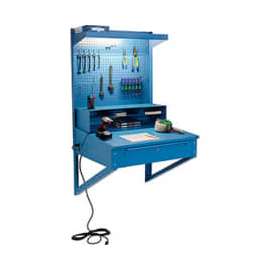 Global Industrial Wall Mount Shop Desk w/ Pegboard & Top Shelf, 34-1/2"W x 30"D, Blue