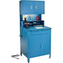 Global Industrial Cabinet Shop Desk w/ Pegboard & Upper Cabinet, 34-1/2"W x 30"D, Blue