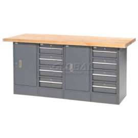 Global Industrial Workbench w/ Maple Square Edge Top, 8 Drawers & 2 Cabinets, 72"Wx30"D, Gray