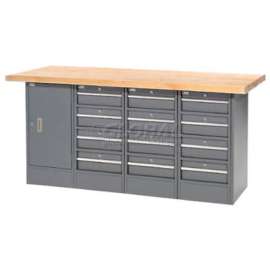 Global Industrial Workbench w/ Maple Square Edge Top, 12 Drawers & 1 Cabinet, 72"Wx30"D, Gray
