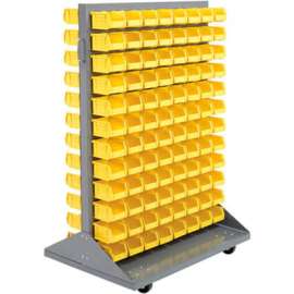 Global Industrial Double Sided Mobile Floor Rack w/ 192(C) Blue Bins, 36"W x 25-1/2"D x 55"H