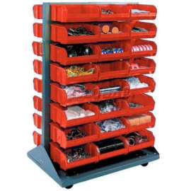Global Industrial Double Sided Mobile Floor Rack w/ 48(G) Red Bins, 36"W x 25-1/2"D x 55"H