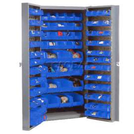 Bin Cabinet Deep Door - 132 Blue Bins, 16-Gauge Unassembled Cabinet 38x24x72