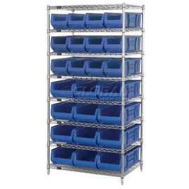 Quantum WR8-950952 Chrome Wire Shelving With 24 24"D Bins Blue, 36x24x74