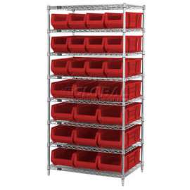 Quantum WR8-950952 Chrome Wire Shelving With 24 24"D Bins Red, 36x24x74