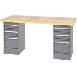 Global Industrial 96 x 30 Pedestal Workbench - 6 Drawers, Maple Block Square Edge - Gray