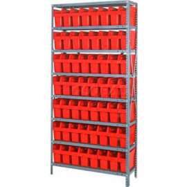 Quantum 1875-SB803 Steel Shelving with 56 8"H Plastic Shelf Bins Red, 36x18x75-SB8 Shelves