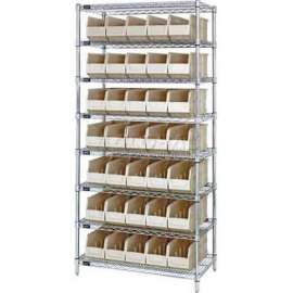 Quantum WR8-461 Chrome Wire Shelving with 35 SSB461 Stackable Shelf Bins Ivory, 36x18x74