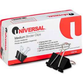 Universal Medium Binder Clips, Steel Wire, 5/8" Cap., 1-1/4" Wide, Black/Silver, Dozen