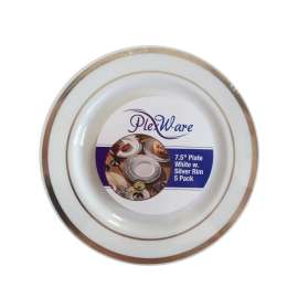 7.5" Round White Plates with Silver Rim, 5/Pack, 24/Case