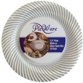 7.5" Round White Plates with Silver Swirl Rim, 10/Pack, 12/Case