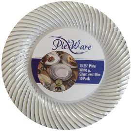 10.25" Round White Plates with Silver Swirl Rim, 10/Pack, 12/Case
